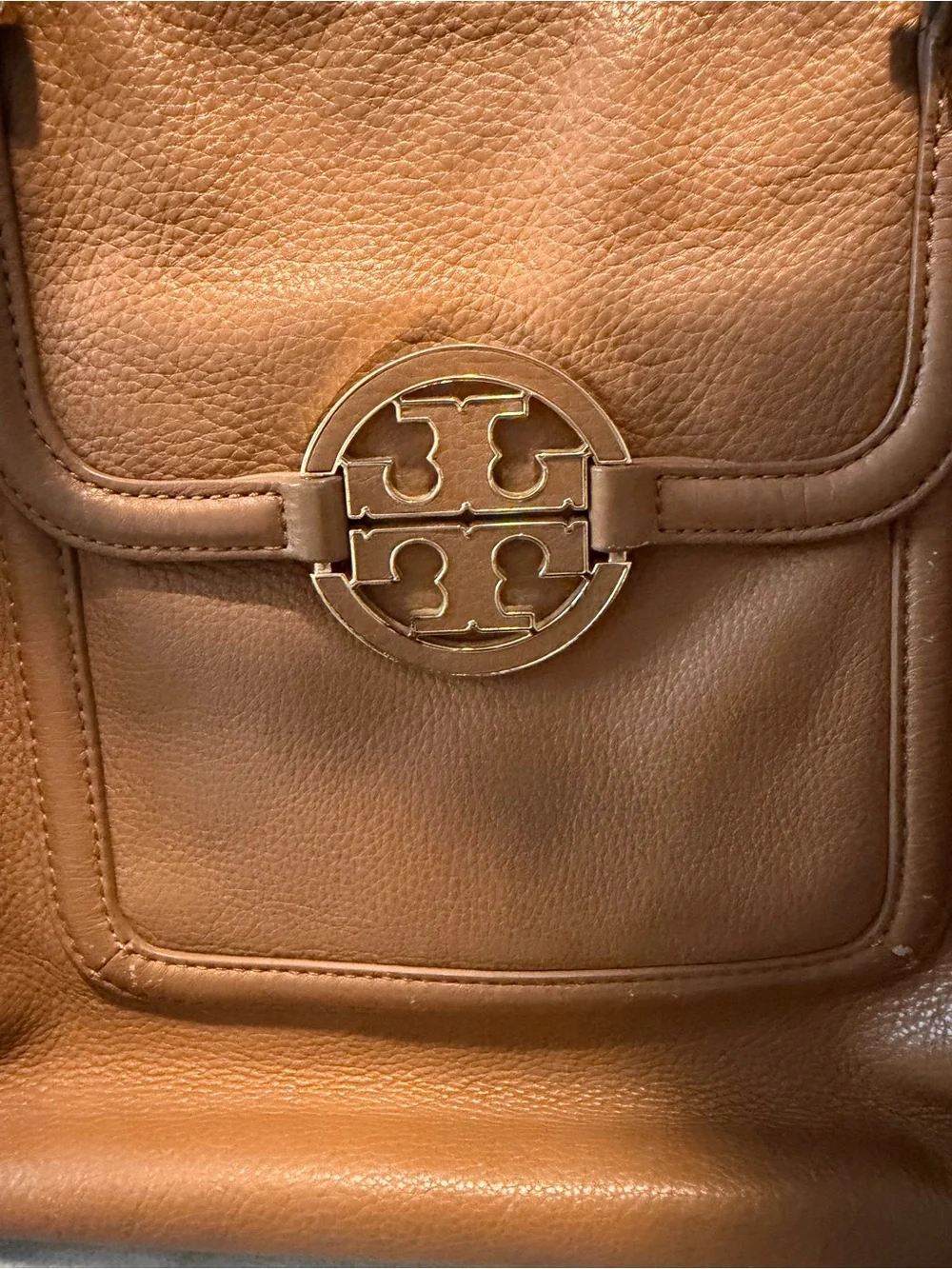 Tory Burch Tan Pebbled Leather Tote with Logo Medallion